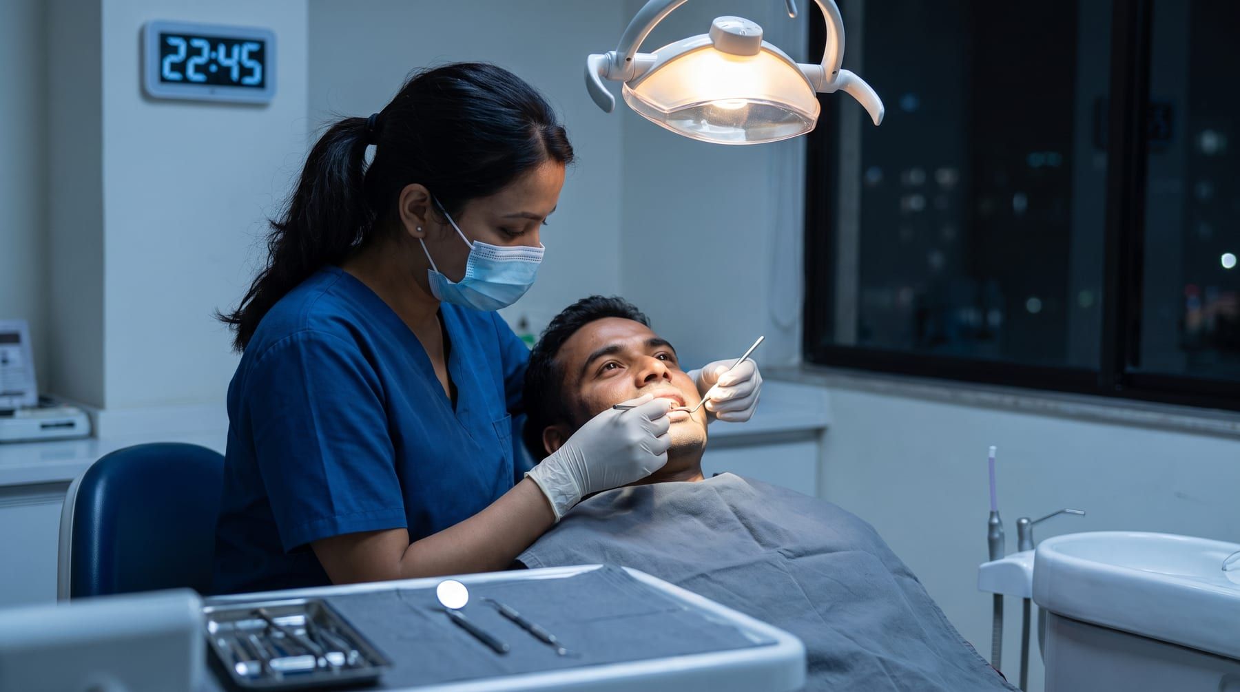 Ujyalo dentist gently examining a patient in a bright treatment room