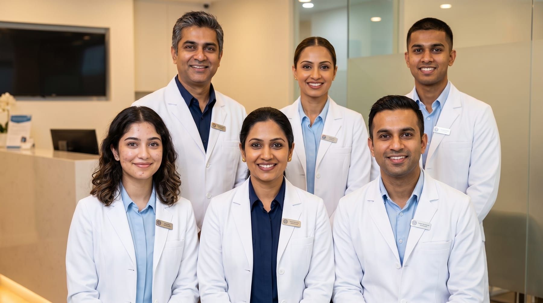 The six specialist dentists of Ujyalo Dental standing together in the clinic